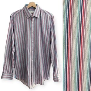 Robert Graham Men's Striped Cotton Dress Shirt Purple Pink Blue Size 16 34/35